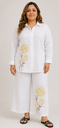 Women's White Floral Embroidered Cotton Co-ord Set | Relaxed Fit Shirt & Wide Leg Trousers