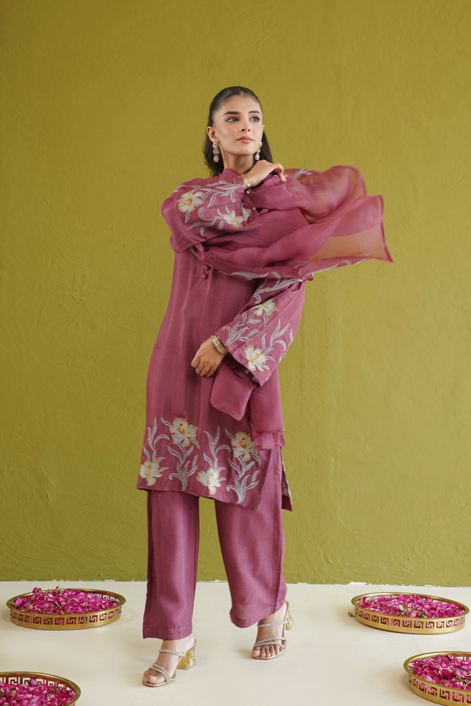 Berry Floral Embroidered Suit Set