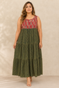 Forest Green & Crimson Leaf Print Tiered Maxi Dress
