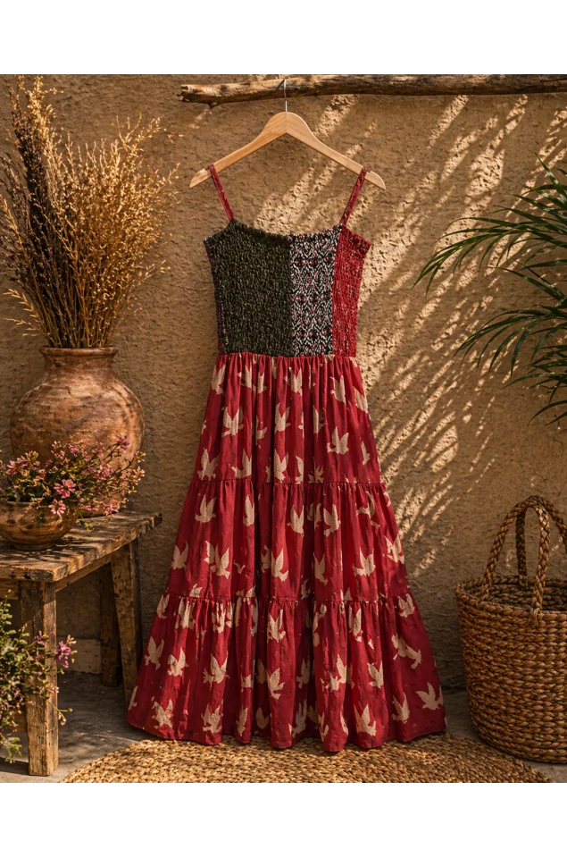 Ajrakh block print with multi colour bobbin elastic yoke tiered dress