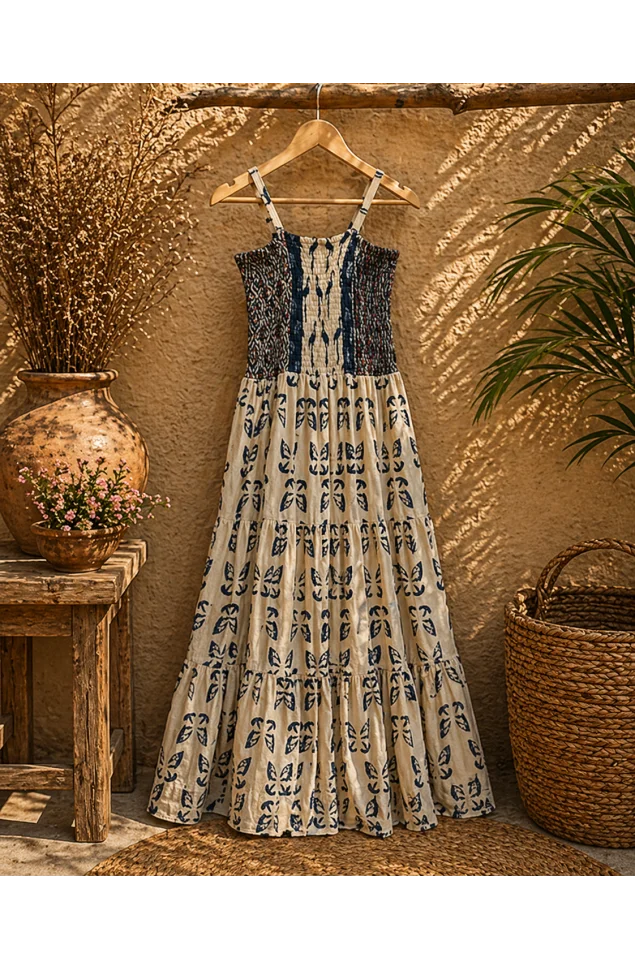Ajrakh block print with multi colour bobbin elastic yoke flared dress