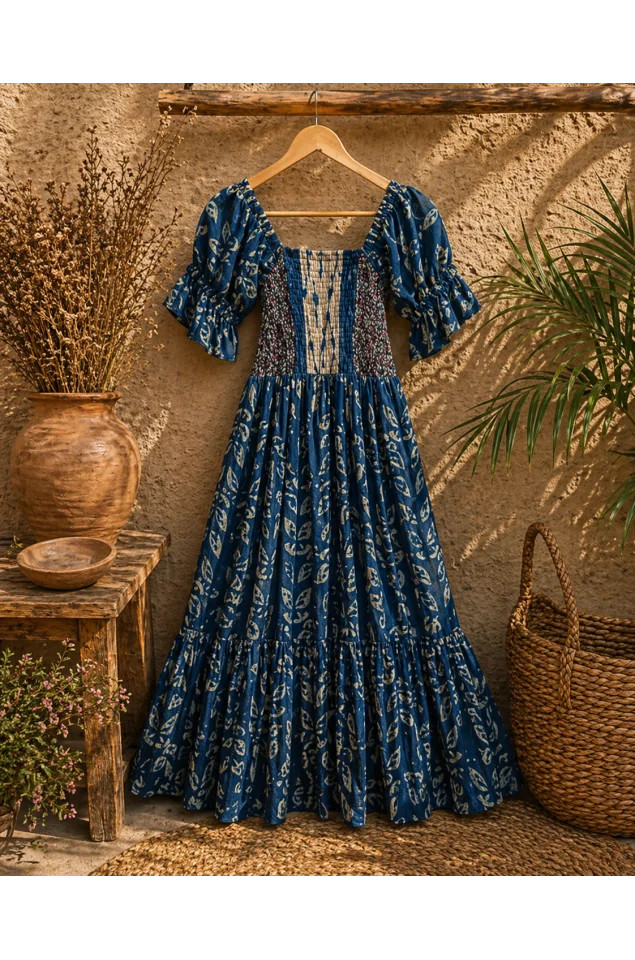 Ajrakh block print with multi colour bobbin elastic yoke flared dress
