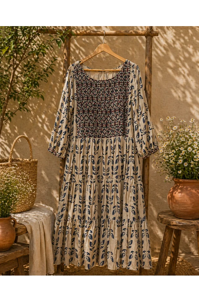 Ajrakh block print pleated yoke tiered dress