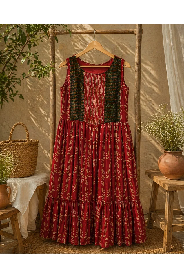 Ajrakh block print pleated yoke flared dress