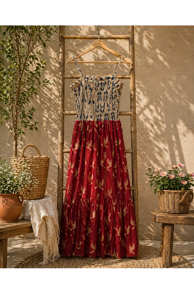 Ajrakh block print bobbin elastic yoke flared dress