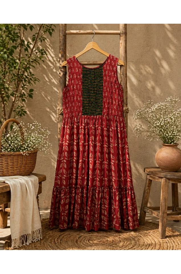 Ajrakh block print pleated yoke flared dress