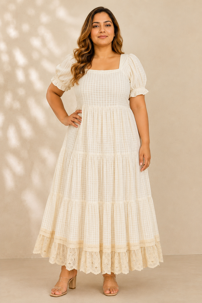 Ivory Check Puff-Sleeve Tiered Maxi Dress with Lace Hem