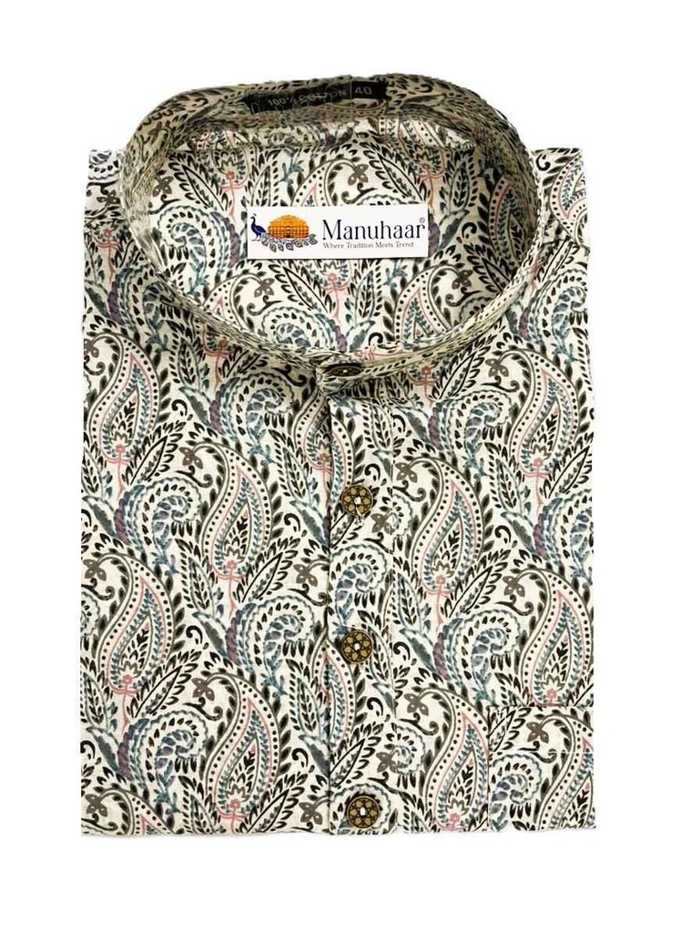 Men's Off-White Pastel Print Short Kurta (L)