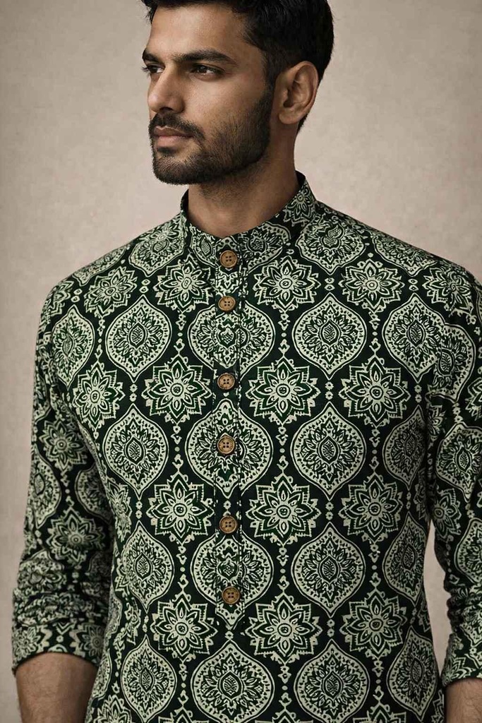 Mehandi Green Printed Short Kurta (M)