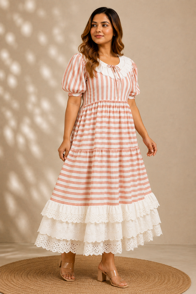 Blush Stripe Lace Tiered Dress