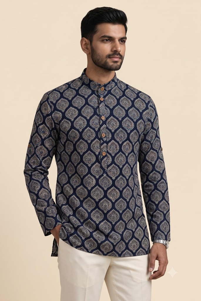 Premium Navy Ajrakh Short Kurta (S)