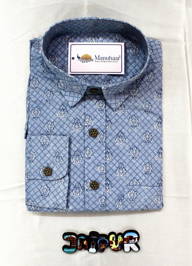 Sky Blue Floral Full Shirt (L)