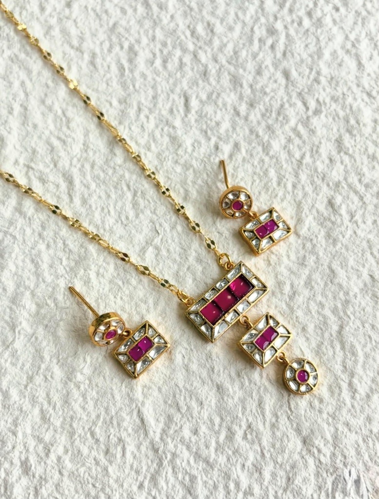 [HOD-JS-GEO-CLR-001] Geometric Stone-Set Pendant Necklace with Earrings (Pink)