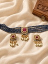 Tanzanite-Tone Beaded Kundan Necklace Set with Pearl Drops
