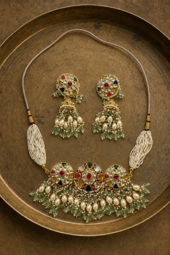 Multicolour Medallion Choker Set with Pearl-Style & Green Bead Drops