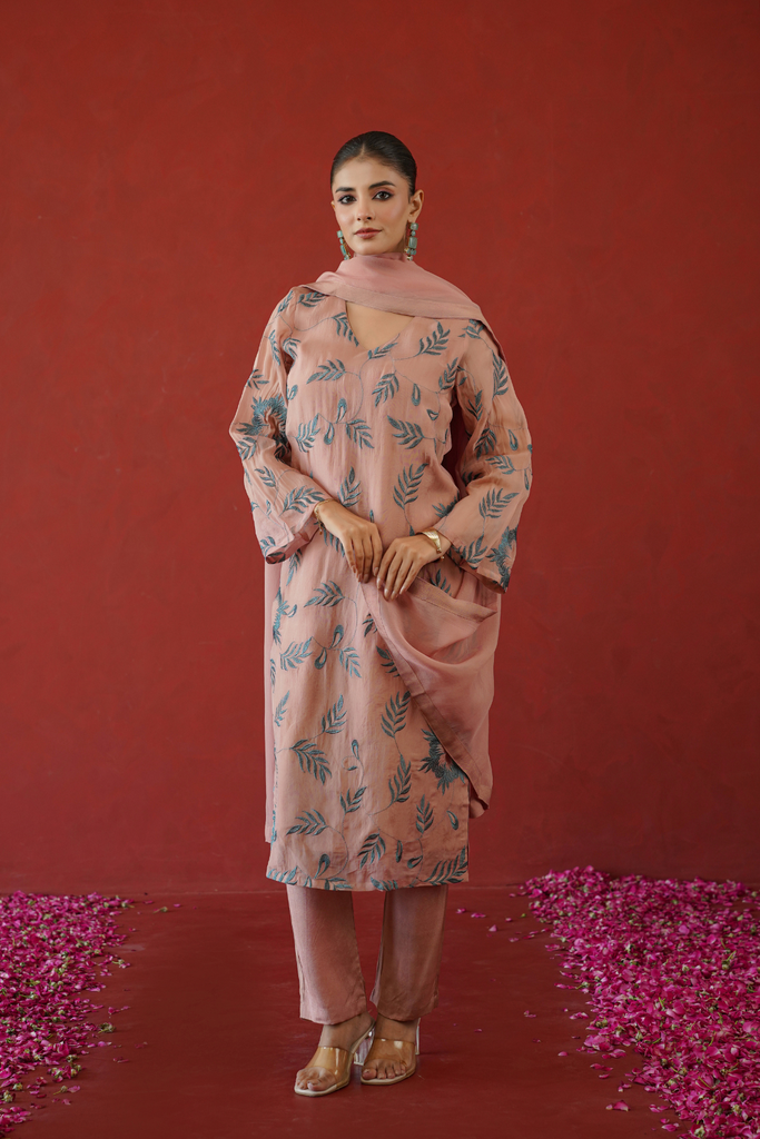 [SS0015DPINK] Pink Embroidered Suit Set (XS)