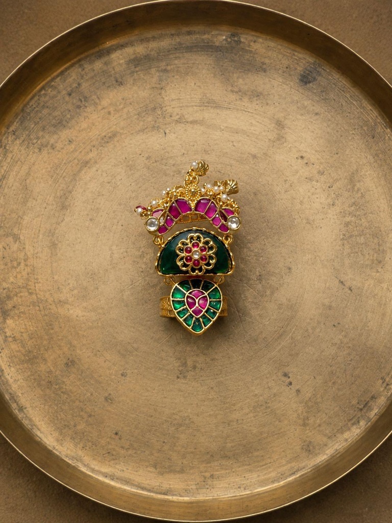 [HOD-RG-GRNMAG-FLR-001] Green Enamel & Magenta Floral Statement Ring