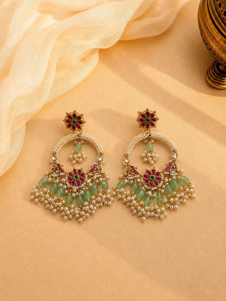 [HOD-ER-GRNPRL-FLR-001] Green Bead & Pearl-Style Floral Statement Earrings