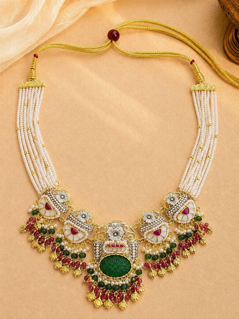 [HOD-JS-HRTG-GRN-001] Heritage Green Stone & Pearl-Style Statement Necklace Set