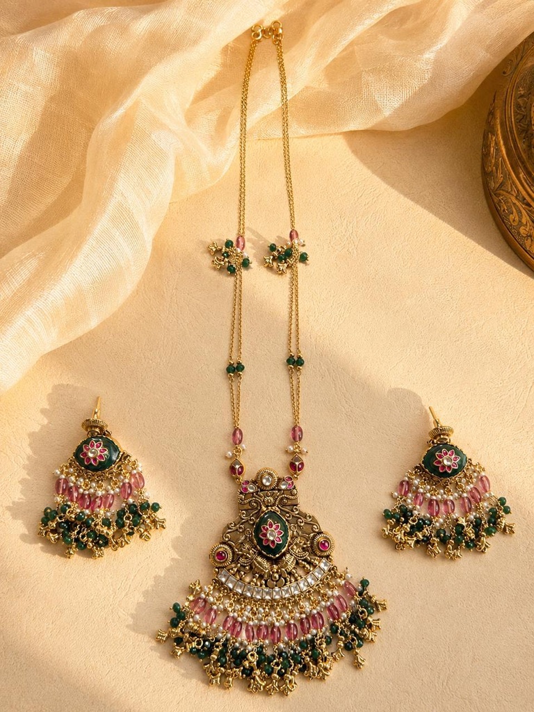 [HOD-JS-ANTGRN-PNK-001] Antique Gold-Tone Green Enamel & Pink Bead Statement Necklace Set