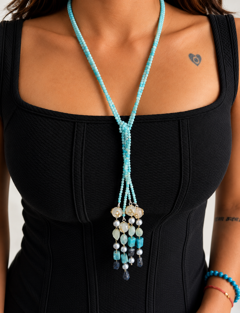 Sky Blue Beaded Tassel Statement Lariat Necklace