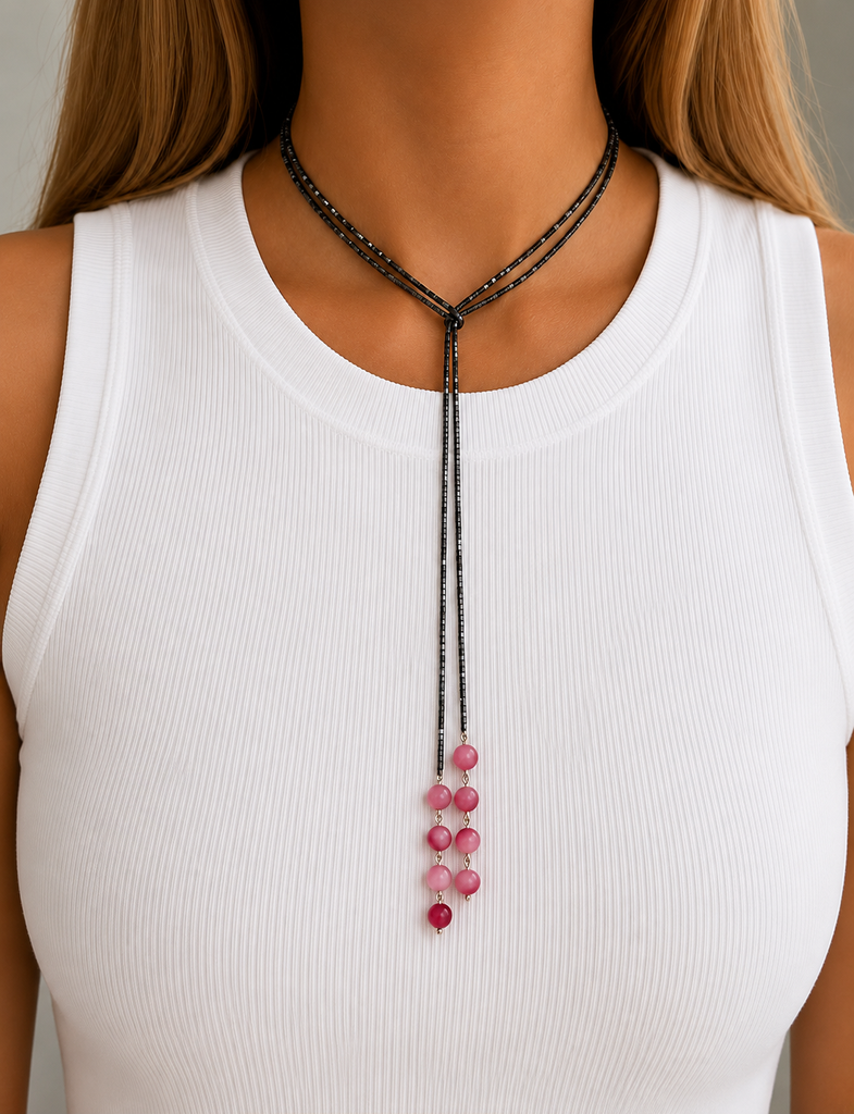 Pink Beaded Bolo Lariat Necklace