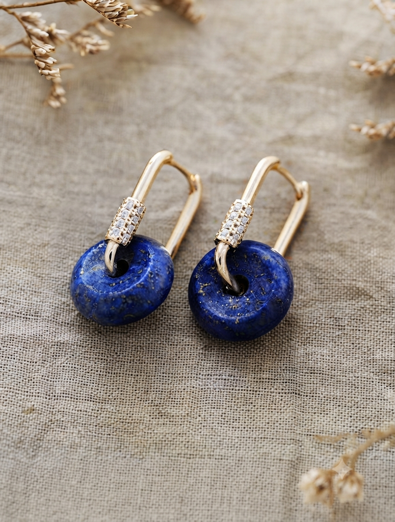 Luxury Blue Natural Stone Lock Hoop Earrings