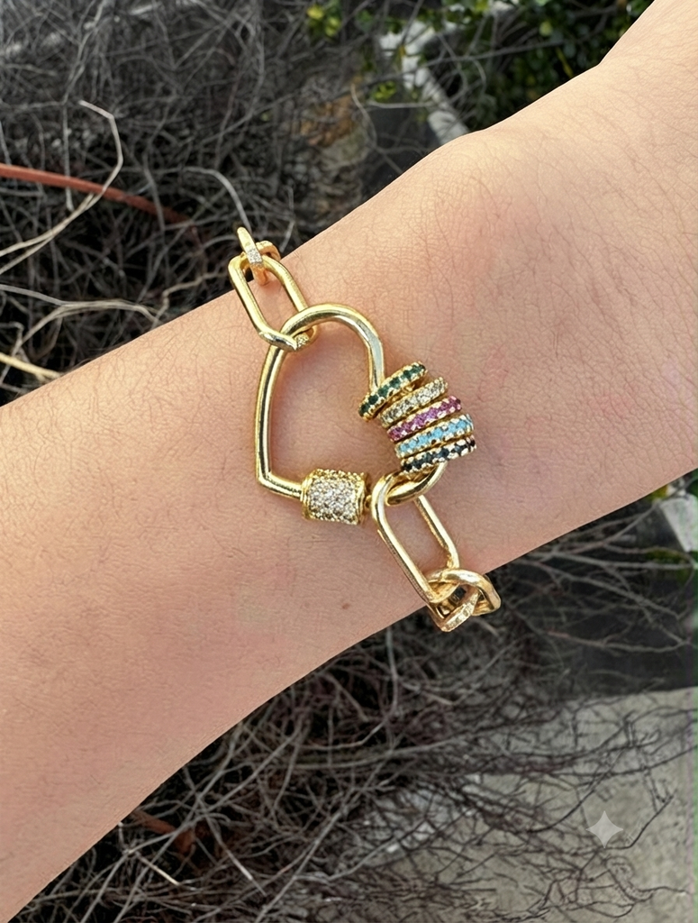 Luxury Gold Link Charm Bracelet with Multicolor Crystal Rings