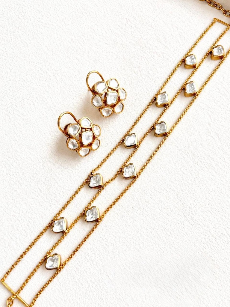 Minimal Kundan Layered Necklace Set with Floral Stud Earrings