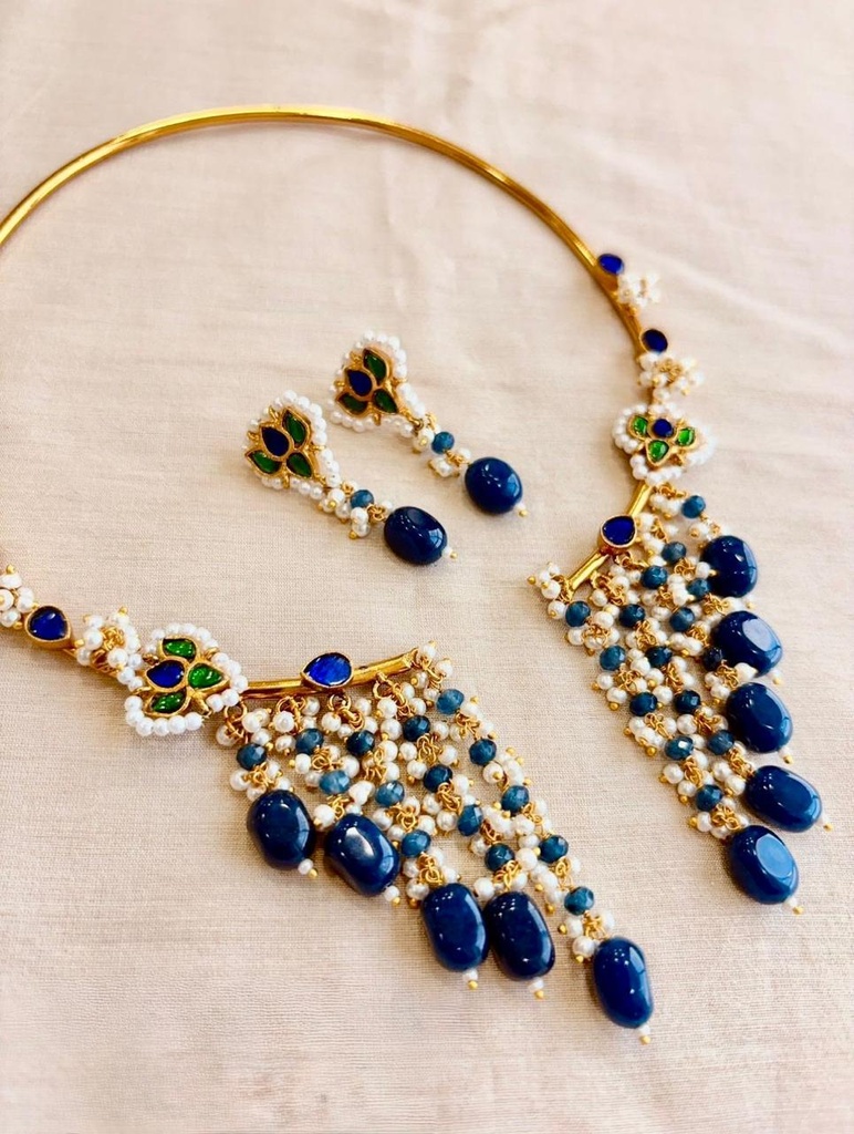 Royal Blue Beaded Choker Necklace Set with Matching Earrings
