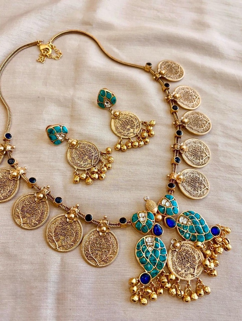 Royal Peacock Coin Kundan Necklace Set with Matching Earrings