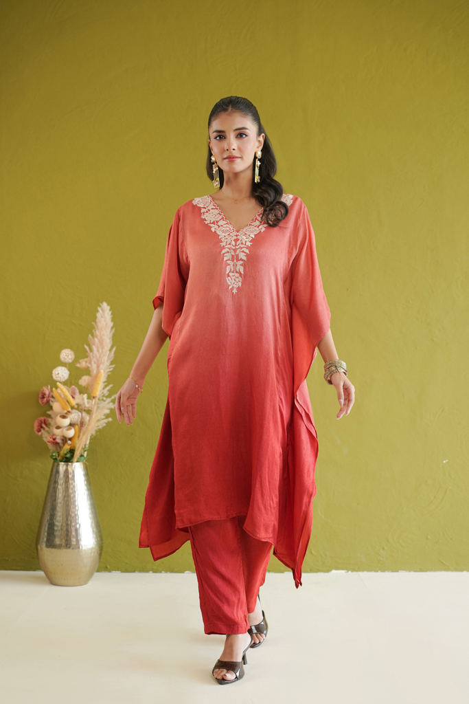 [KT001RED] Red Ombre Floral Embroidered Kaftan Set (XS)