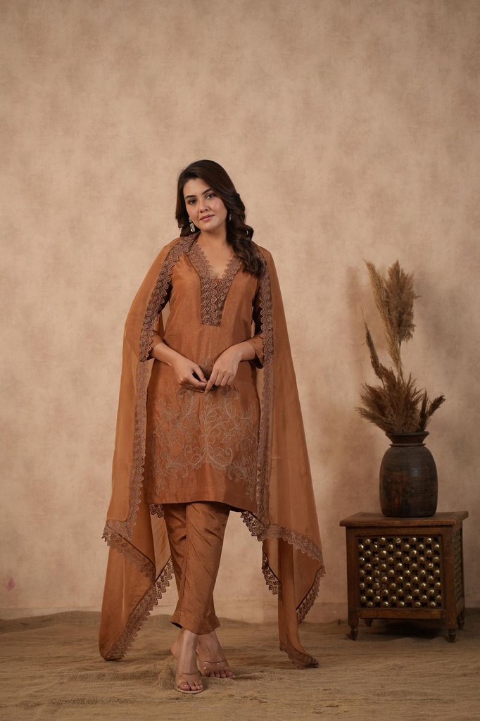 Brown Embroidered Suit set ( Set of 3 ) (XS)