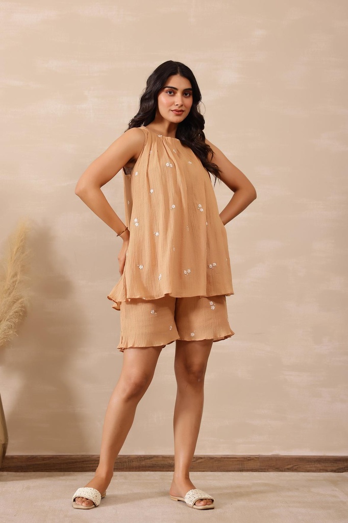 [CS007BEIGE] Beige Flora Co-ord set (XS)