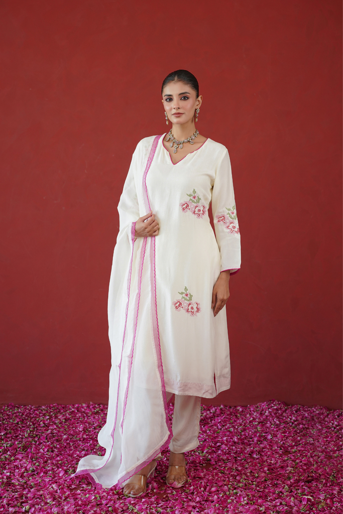 White Floral Embroidered Suit Set