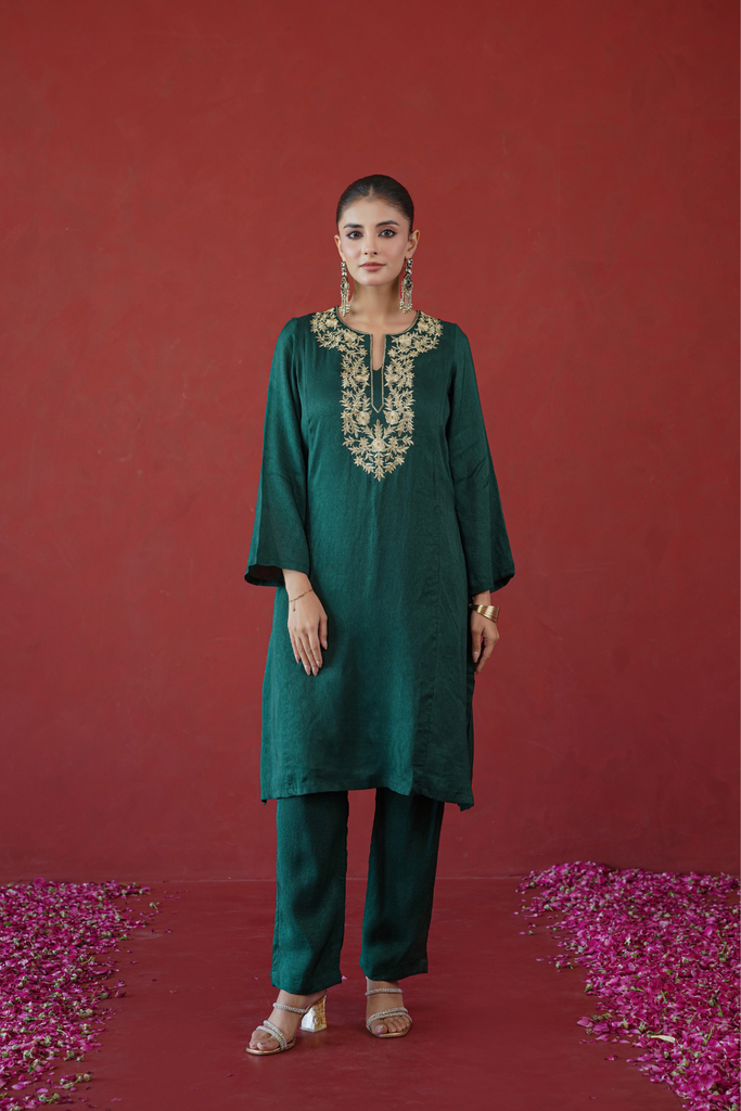 [TS008green] Green Zari Embroidered Tunic Set (XS)