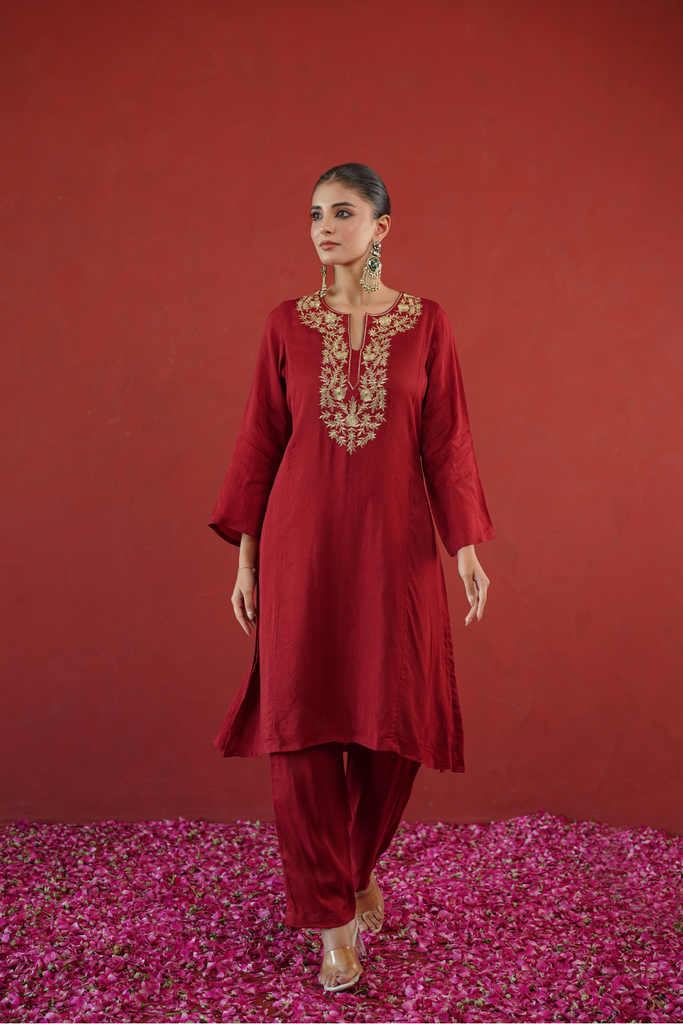 Red Zari Embroidered Tunic Set