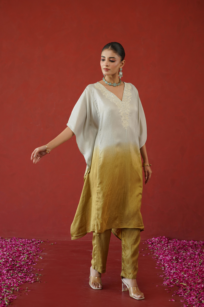 [KT001MSTD] Mustard Ombre Floral Embroidered Kaftan Set (XS)