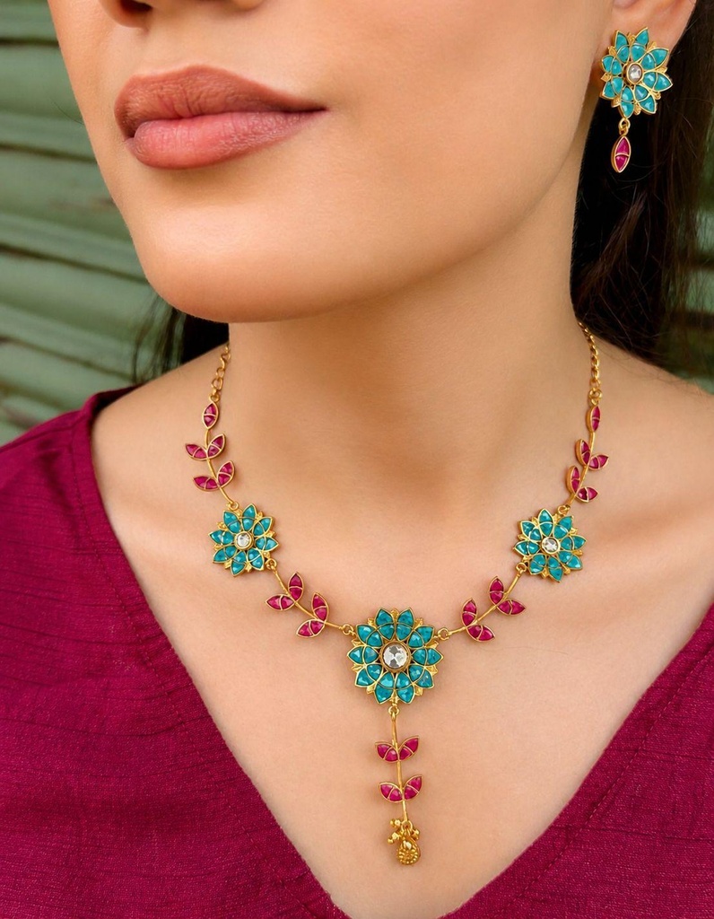 Turquoise & Magenta Floral Necklace Set with Matching Earrings