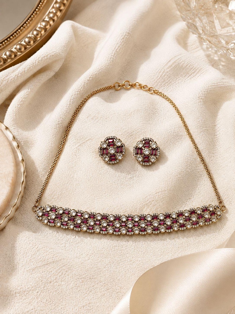 [HOD-JS-NOOR-RBY-001] Noor Ruby-Tone & Clear Stone Choker Set