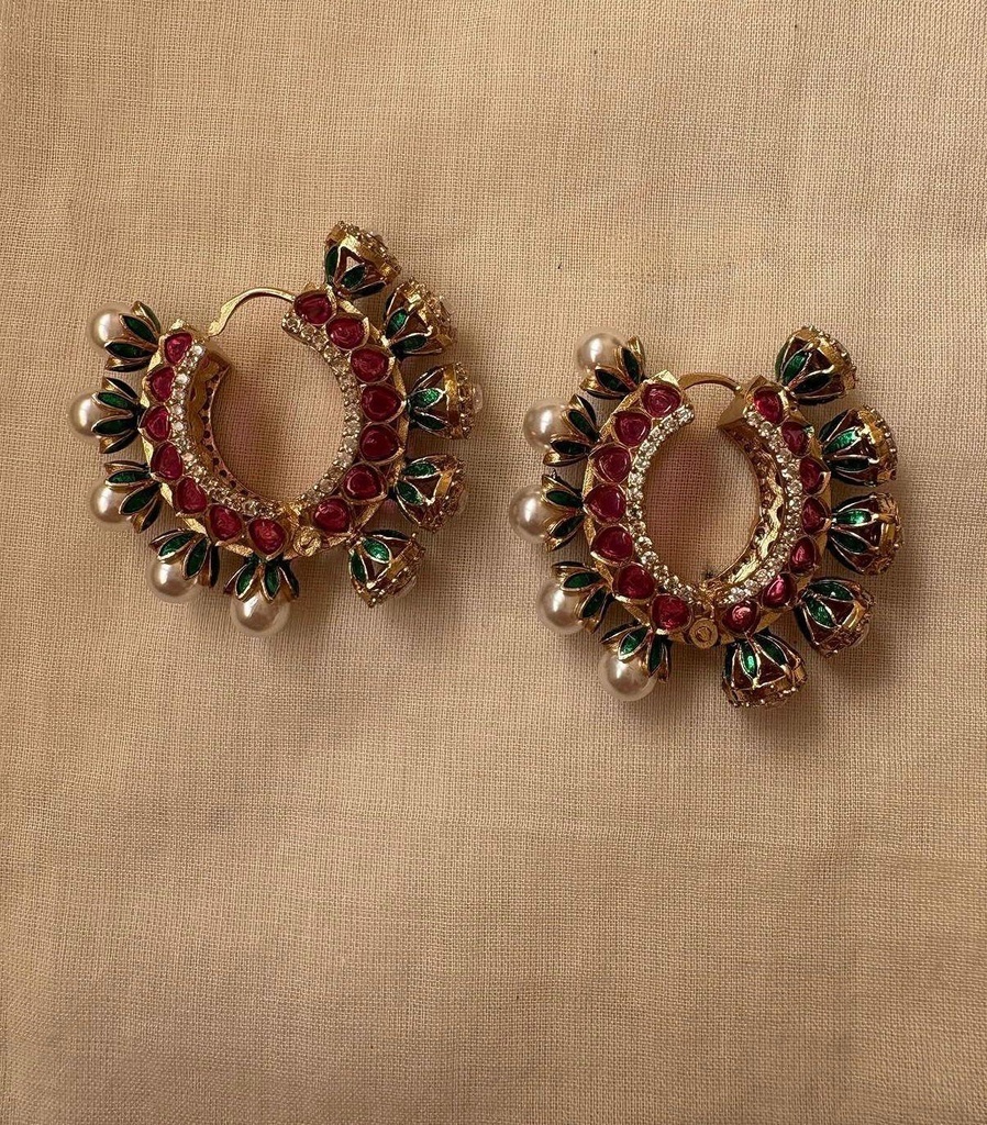 [HOD-ER-MAHARANI-RG-001] Ruby-Tone Pearl Hoop Earrings with Green Enamel