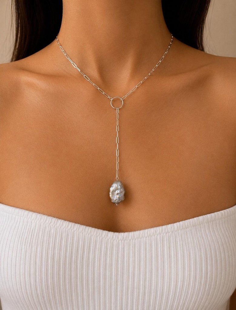 Minimalist Silver Baroque Pearl Y Necklace for Women | Adjustable Chain Pendant Necklace