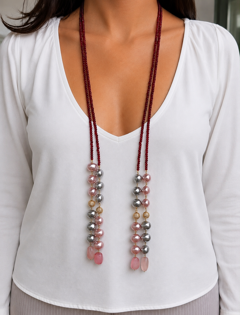 Dual Tone Pearl Beaded Long Necklace for Women | Multilayer Fashion Statement Necklace