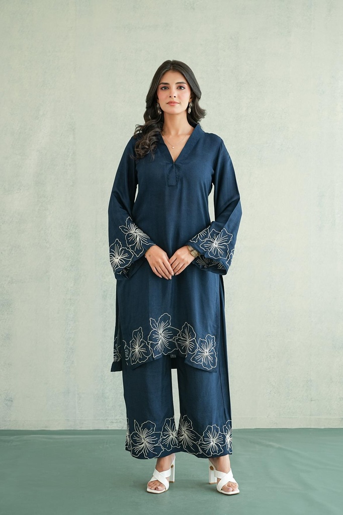 Navy Blue Floral Embroidered Coord set