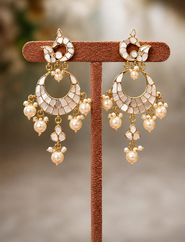 Gold Plated Kundan Pearl Chandbali Earrings for Women | Traditional Ethnic Statement Earrings