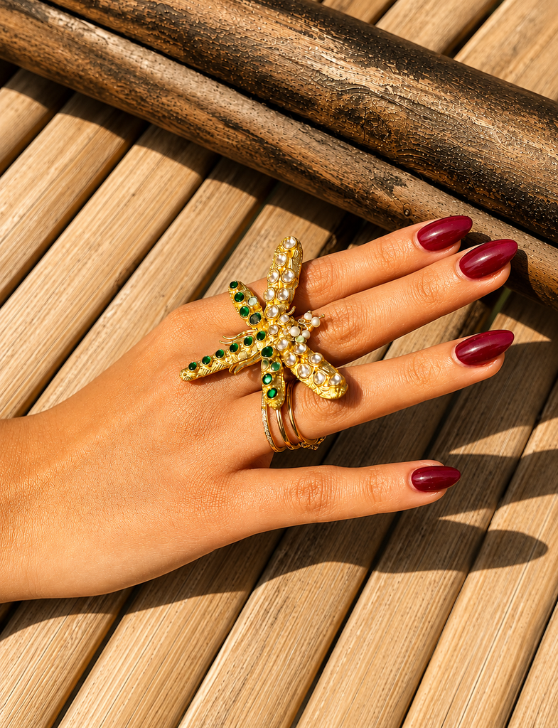 Luxury Dragonfly Kundan Statement Ring for Women | Adjustable Cocktail Ring with Green Stones & Pearls