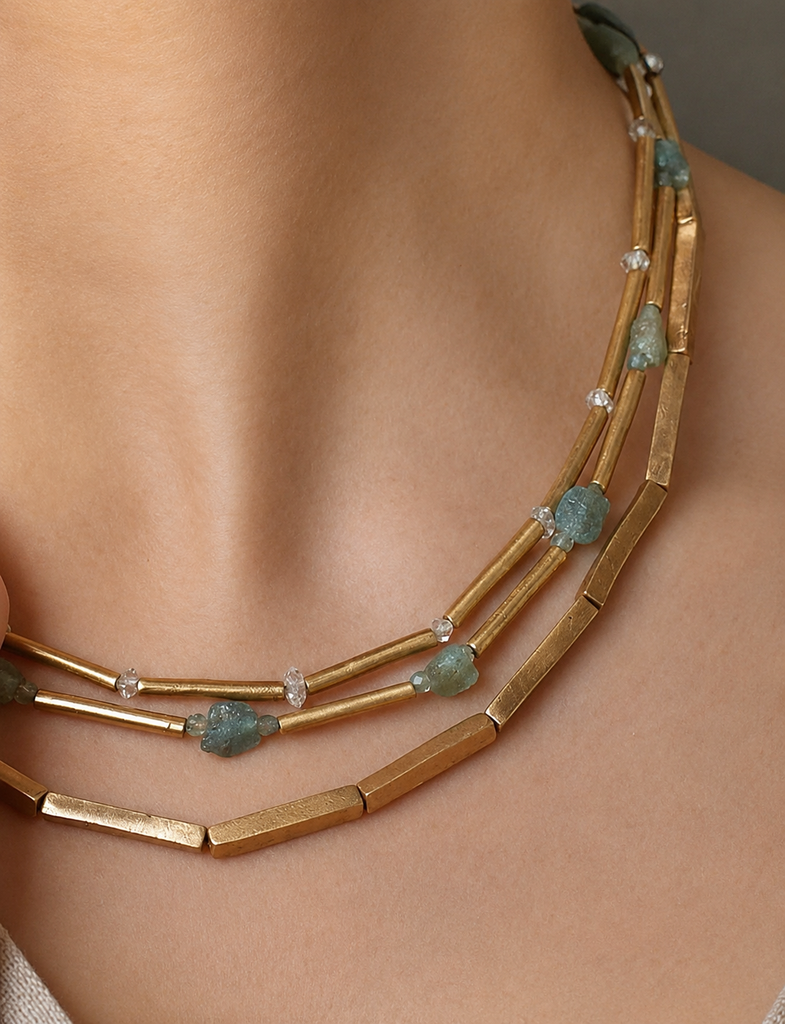 Layered Aqua Stone & Gold Bar Statement Necklace