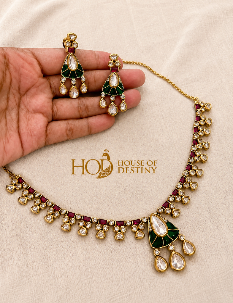 Emerald Green Kundan Necklace & Earrings Set