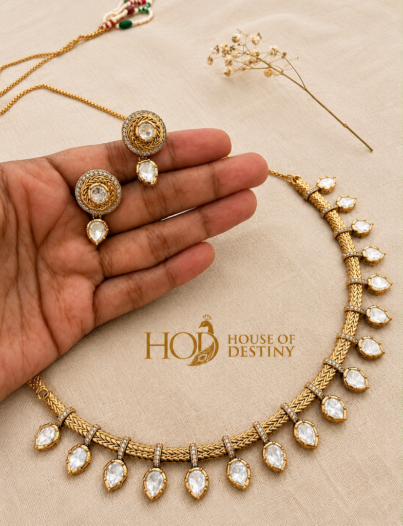 Gold-Tone Kundan Teardrop Necklace Set with Matching Stud Earrings