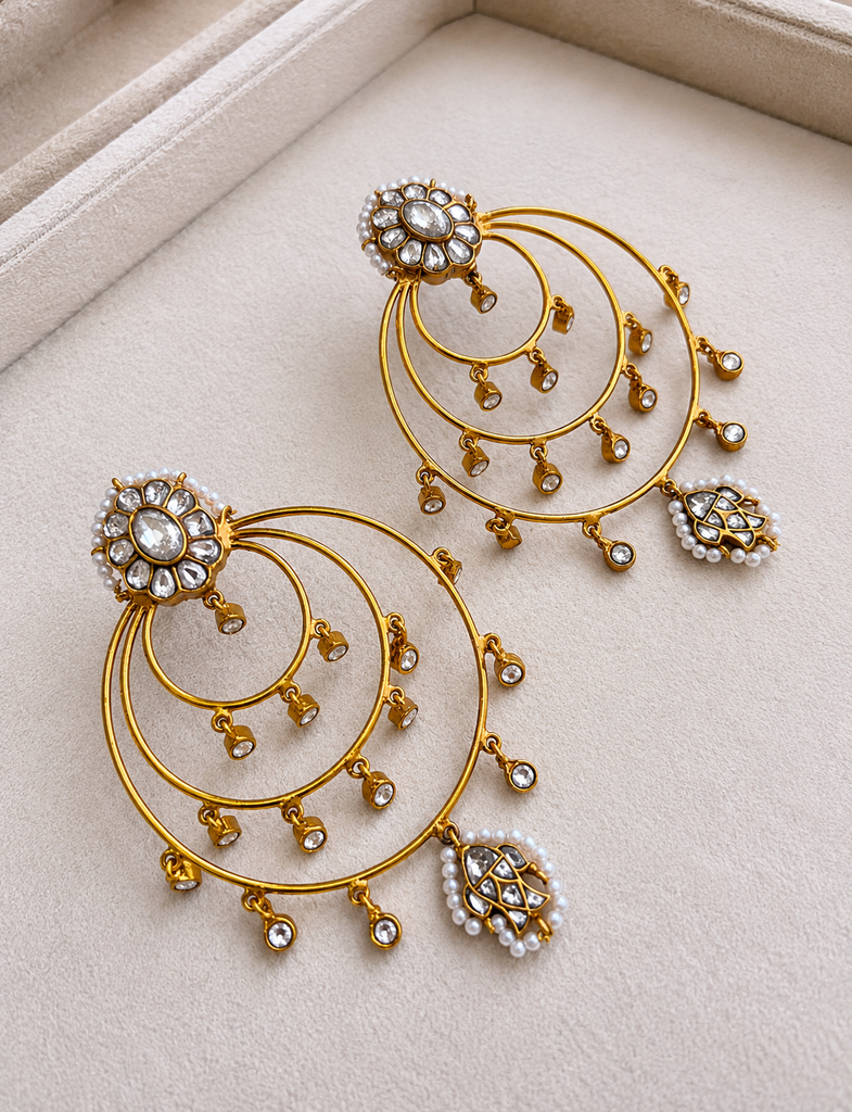 Gold-Tone Kundan Floral Chandbali Earrings with Pearl Accents